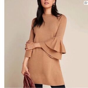 BY ANTHROPOLOGIE Claudette Bell Sleeve Sweater Dress Metallic Khaki Tan Medium